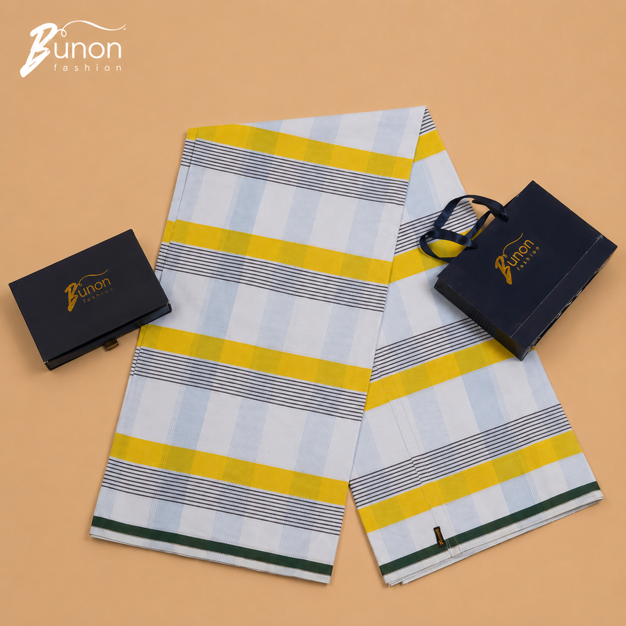 Bunon চেক কটন লুঙ্গি – White Yellow