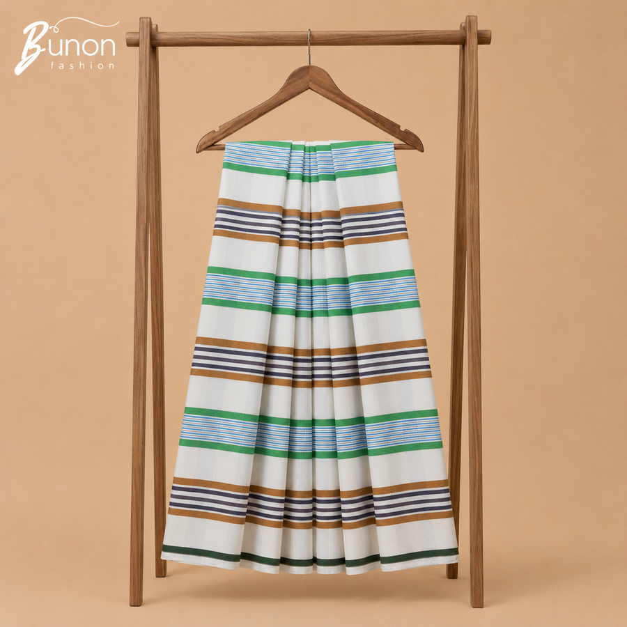 Bunon চেক কটন লুঙ্গি – White Green