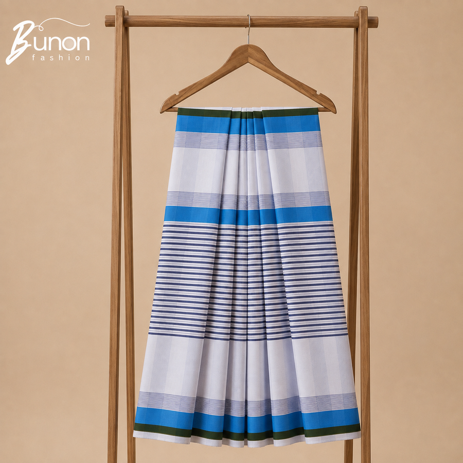 Bunon চেক কটন লুঙ্গি – White Blue