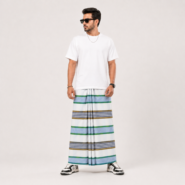 চেক কটন লুঙ্গি – White Green Purple Gold