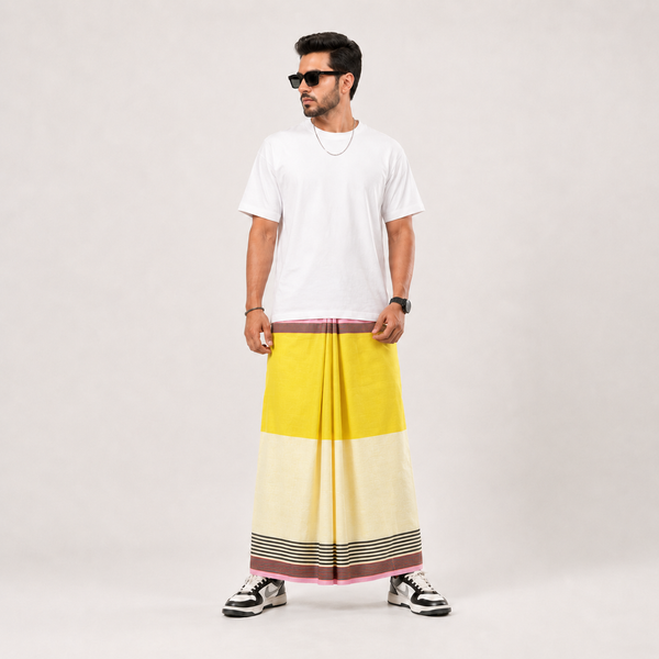 ক্লাসিক কটন লুঙ্গি – Yellow Two Part