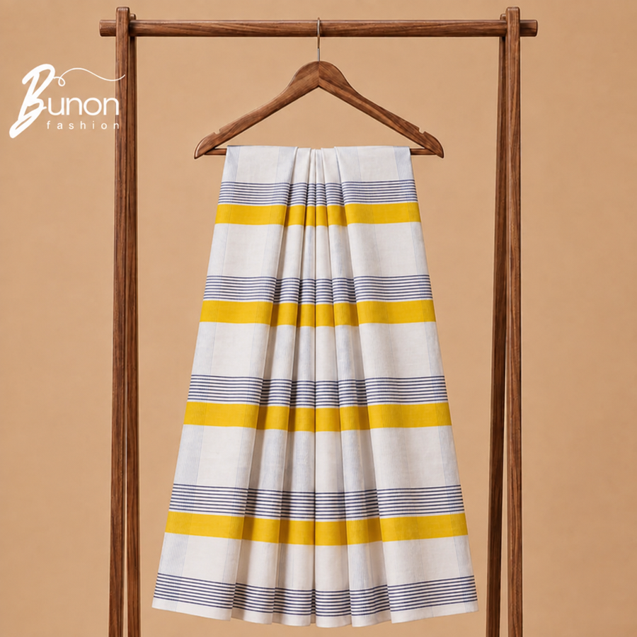 Bunon চেক কটন লুঙ্গি – White Yellow